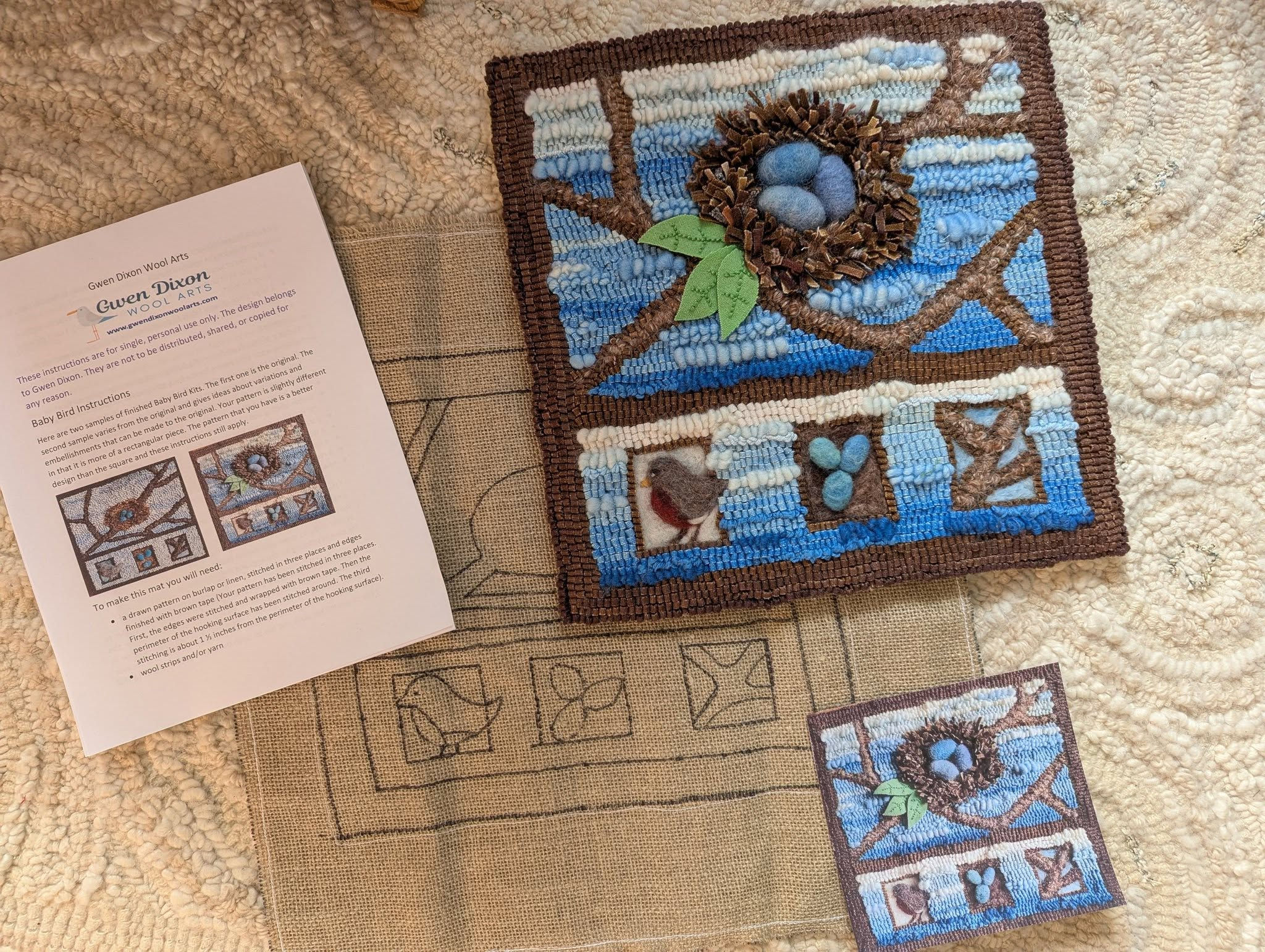 Baby Bird Rug Hooking Pattern on Linen and Instruction Booklet