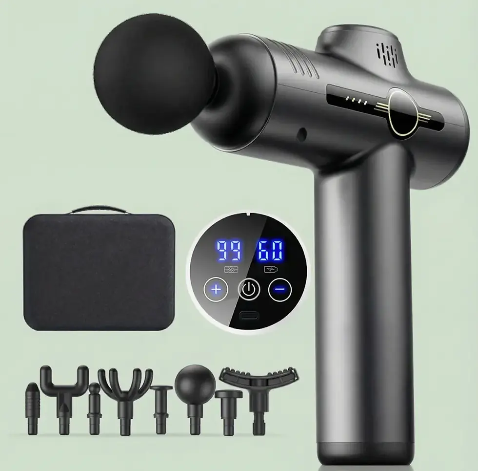 Percussion massage gun kit, multiple heads, carrying case, display "99 60".