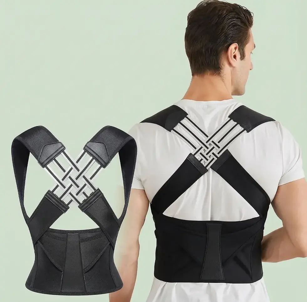 Man wearing black posture corrector, product shown separately.