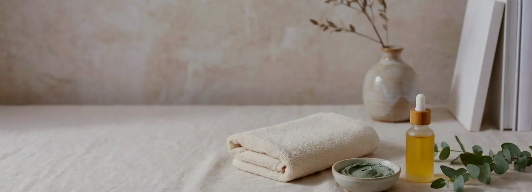 Skincare essentials: folded towel, green mask, oil bottle, eucalyptus, and flowers.