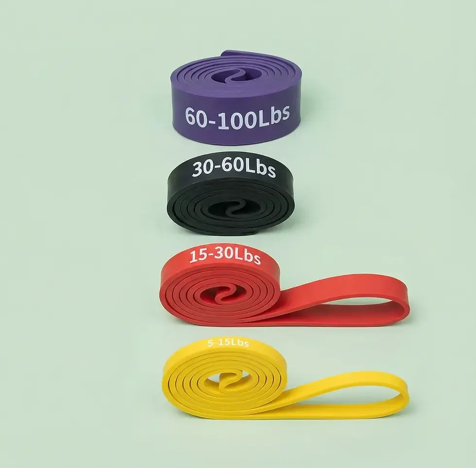 Purple 60-100Lbs, black 30-60Lbs, red 15-30Lbs, yellow resistance bands.
