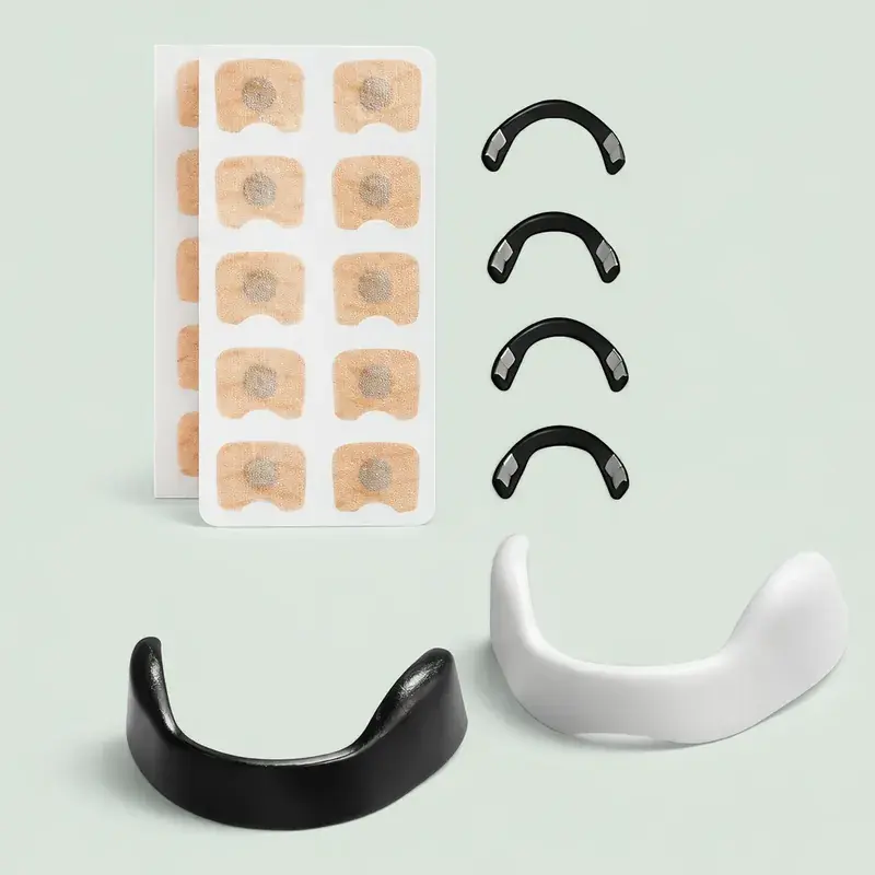Various anti-snoring devices: patches, nasal dilators, and mouthpieces.