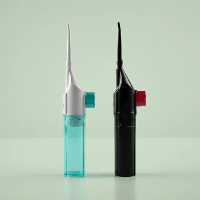 Two portable water flossers, white and black, standing upright.