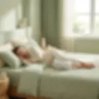 Woman sleeping comfortably with a white knee pillow in a serene green bedroom.