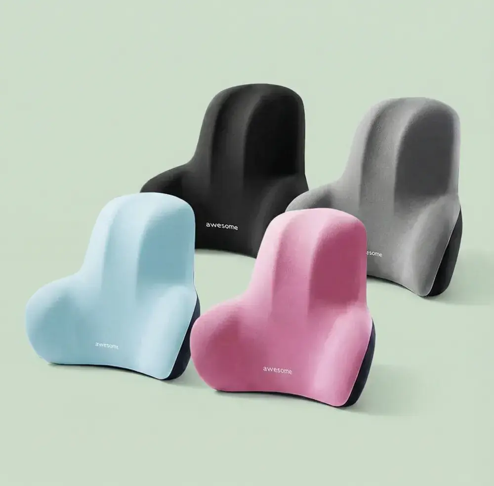 Four ergonomic back support cushions in blue, pink, black, and gray.