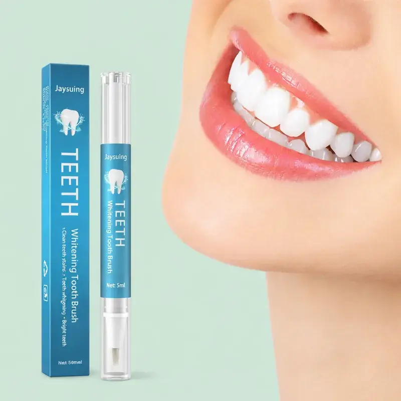 Bright white teeth smiling woman, with TEETH Whitening Serum pen.