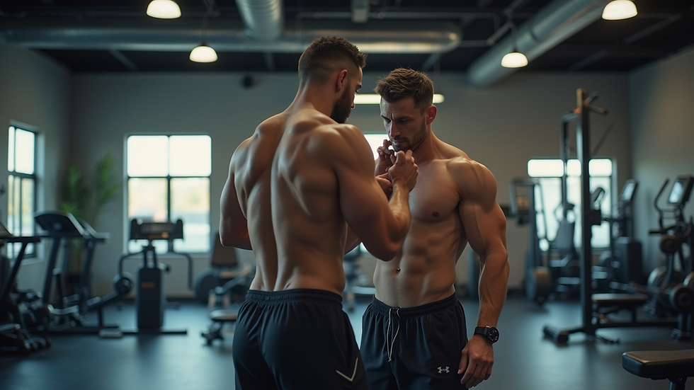 Eye-level view of a personal trainer guiding a client through a workout in a gym