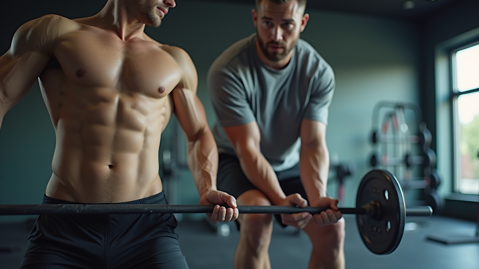 Eye-level view of a personal trainer guiding a client through a workout in a gym