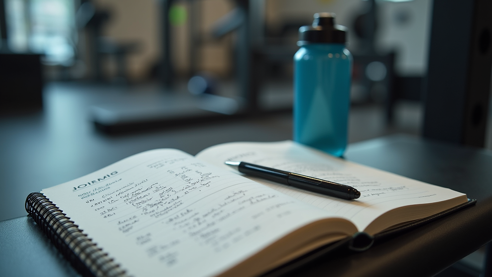 Close-up view of a fitness journal with workout notes and a water bottle on a gym bench