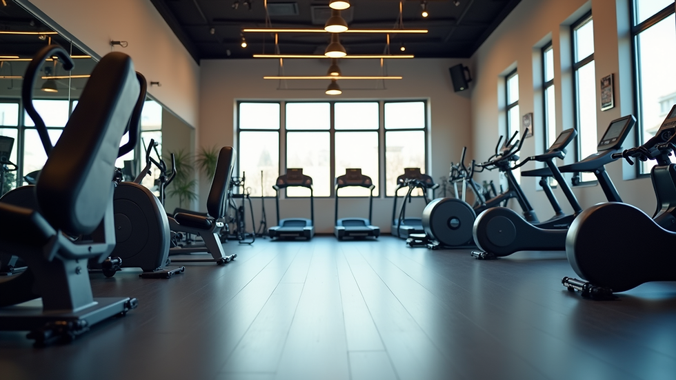 Eye-level view of a modern fitness studio with exercise equipment neatly arranged