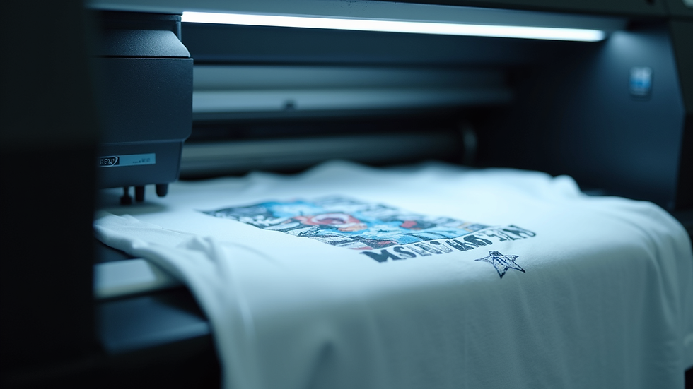 Close-up view of a digital printing machine producing custom T-shirts