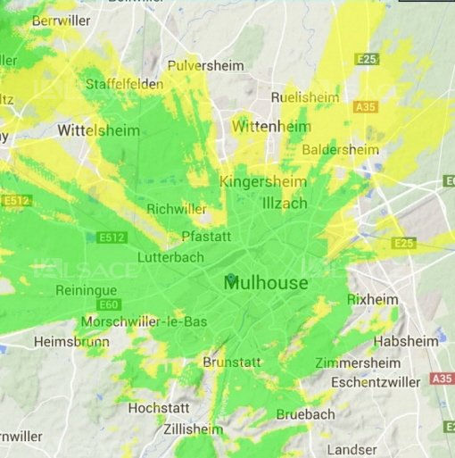 En vert, les zones où Radio MNE doit pouvoir être captée sans problème. En jaune, les zones où l’on peut quand même tenter sa chance… DR