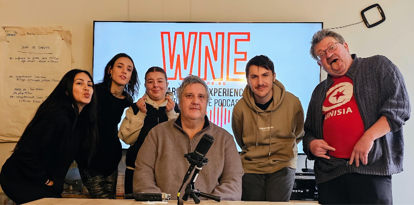 L'équipe Radio WNE 2026 avec Fatma, Giulia, Elif, Lévi, Mathieu et Jean-Luc