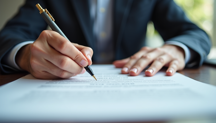 Close-up view of a notary stamping a real estate contract during a home closing