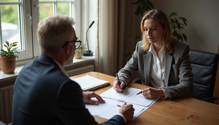 High angle view of a mobile notary meeting with a client in a home office