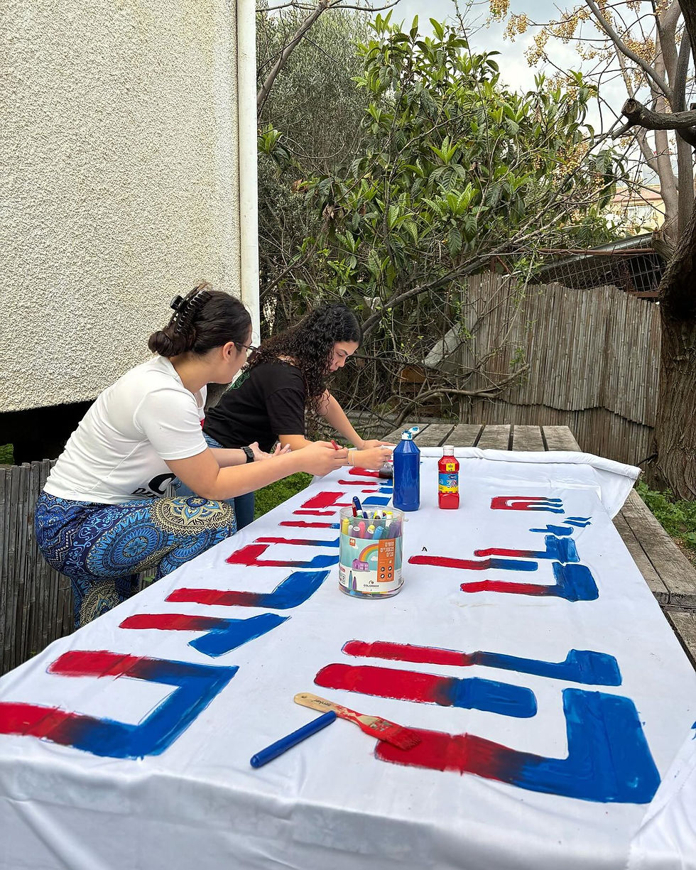 Teen leaders painting a new welcome sign for the Kiryat Shmona youth movement branch.