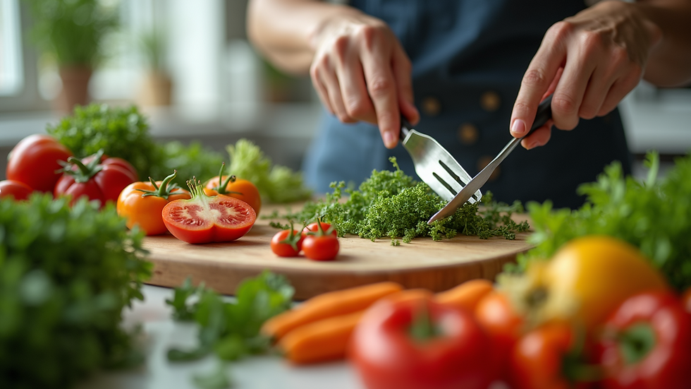 Close-up view of a person preparing a healthy meal with fresh vegetables