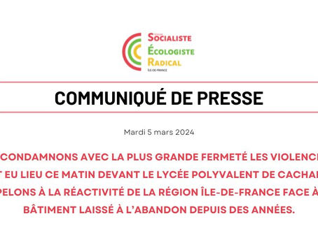 Nous condamnons avec la plus grande fermeté les violences qui ont eu lieu ce matin devant le lycée polyvalent de Cachan et appelons à la réactivité de la Région Île-de-France face à un bâtiment laissé