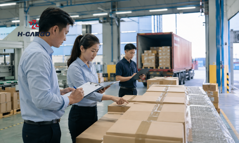 Đội ngũ xuất khẩu kiểm tra đơn hàng trước khi giao container