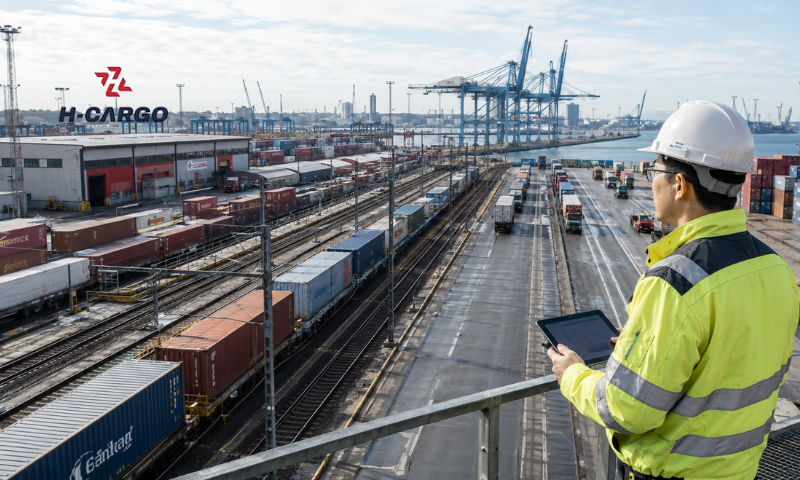 Khu logistics liên vận cảng biển với tàu hỏa, container và xe tải