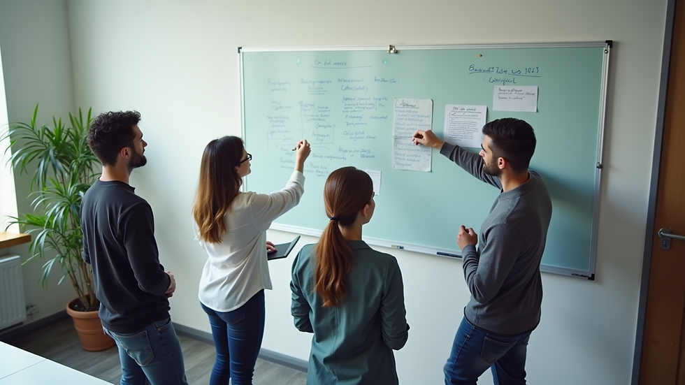 High angle view of a team brainstorming ideas on a whiteboard