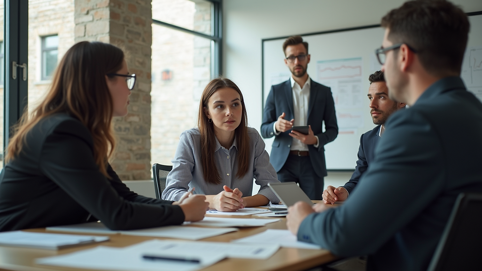 Wide-angle view of a team discussing leadership concepts