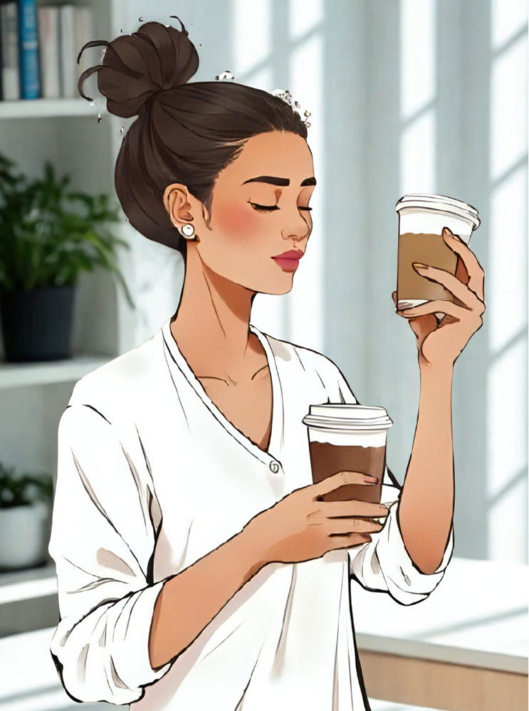 Woman in a white shirt holds two coffee cups in a sunlit room. She appears calm and thoughtful, with closed eyes and a neat bun hairstyle.