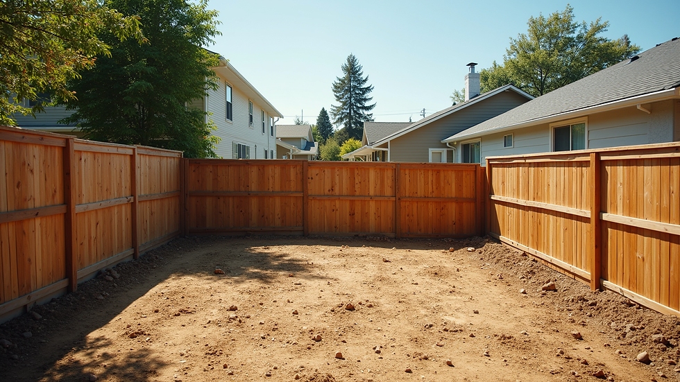 Wide angle view of a cleared backyard ready for fence installation