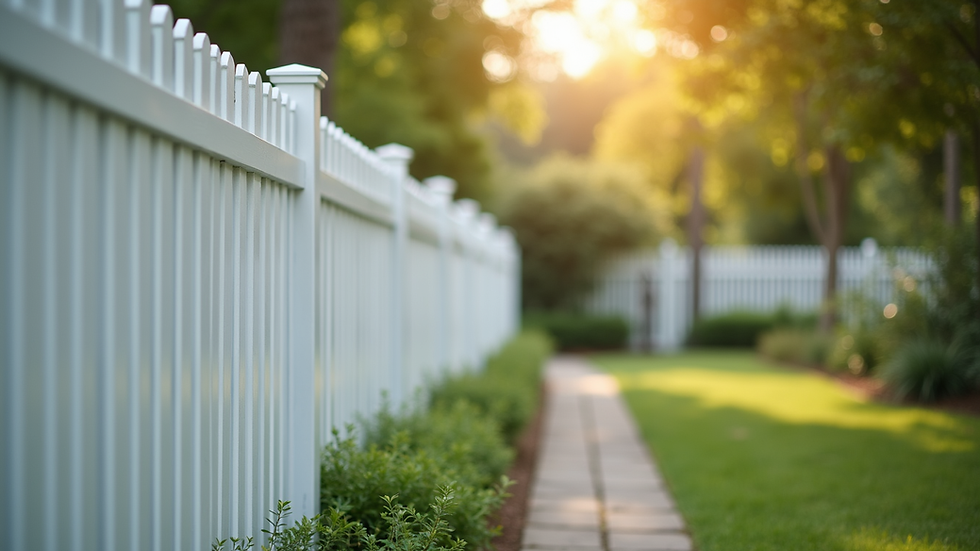 Close-up view of vinyl fence panels installed along a garden path