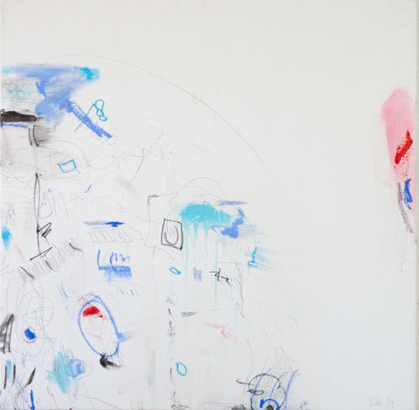 This work features dynamic, expressive lines on raw canvas. The visible texture of the untreated surface enhances the immediacy and honesty of the gesture.