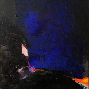 Abstract painting, dark blue, black, with vibrant pink and orange highlights.