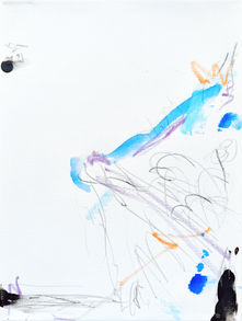 Colorful abstract drawing with blue, purple, orange, and gray scribbles.