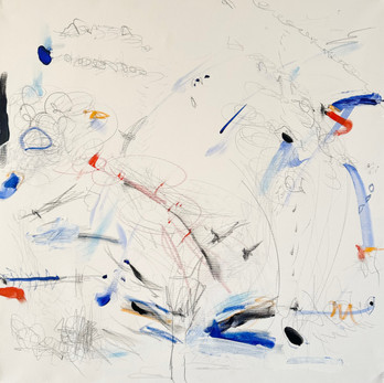 Abstract drawing with colorful brushstrokes, lines, and smudges on white background.