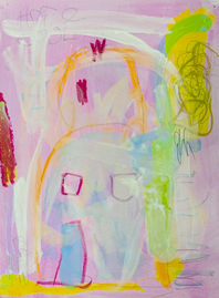“Abstract, childlike painting in pastel tones: on a pink background, a loosely drawn figure with large eyes and an open mouth, surrounded by soft white, cloud-like brushstrokes and bright areas of yellow, green, and blue.