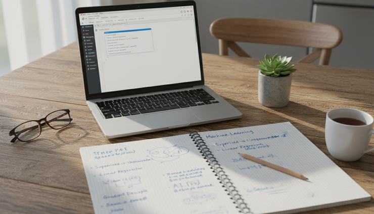 Close-up view of handwritten notes beside a laptop running a Python notebook.