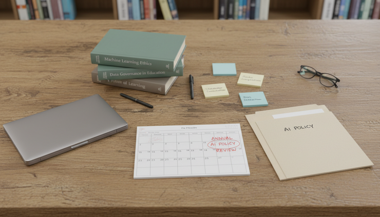 Overhead view of a school library table with an AI policy review calendar.