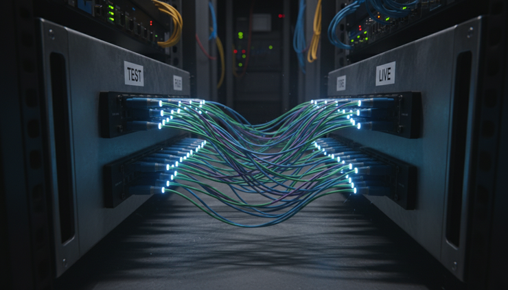 Close-up view of fibre cables connecting two separate network panels.