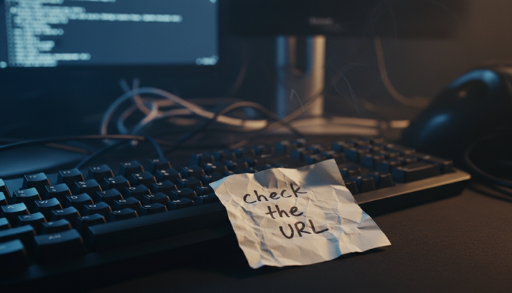 Close-up view of a keyboard beside a handwritten note that says check the URL
