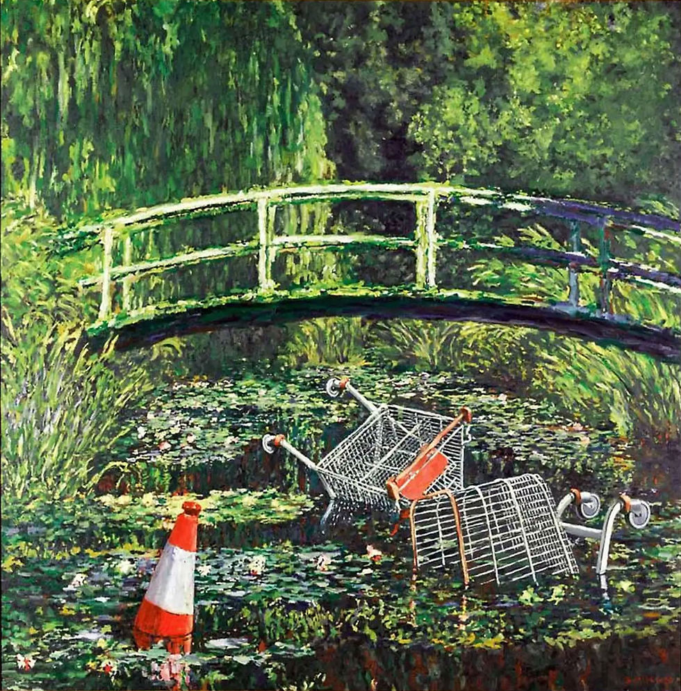 Shopping carts and a traffic cone are submerged in a pond under a green footbridge, surrounded by lush greenery and water lilies.