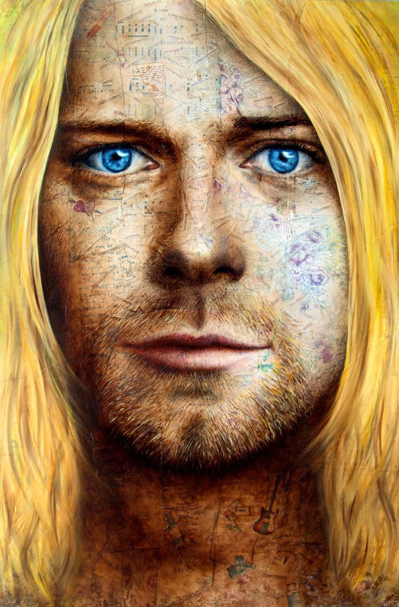 Portrait of Kurt Cobain with long blond hair and blue eyes. The face has textured patterns and vibrant colors, creating a thoughtful mood.
