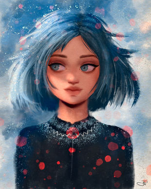 Illustration of a girl with blue hair and pink flower pattern Digital Portraits