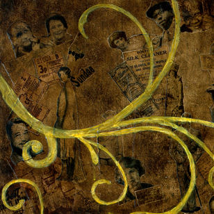 Vintage portraits with newspaper and yellow swirls. Silk cleaner advertisement on display.