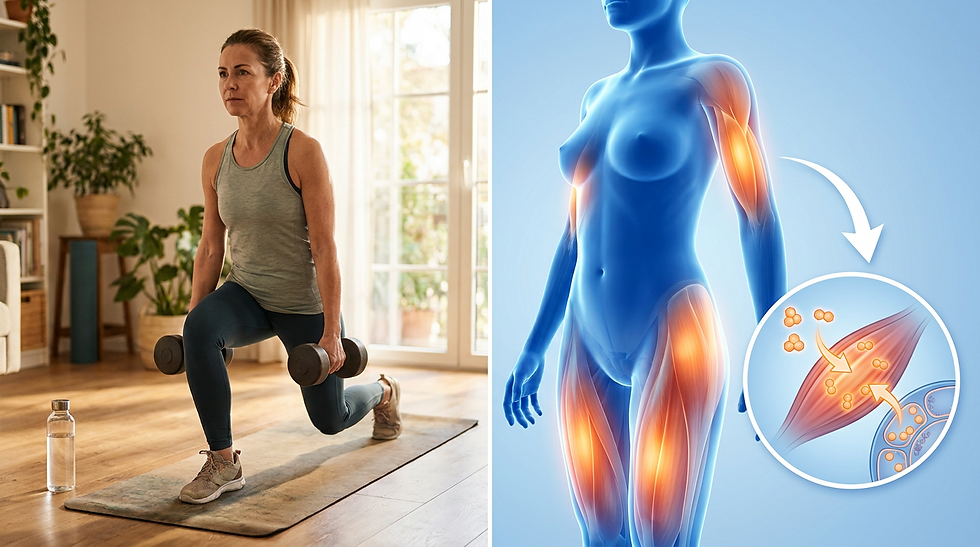 Donna di 55 anni che si allena con i manubri a casa, con illustrazione dei muscoli: allenamento di forza contro il grasso addominale in menopausa