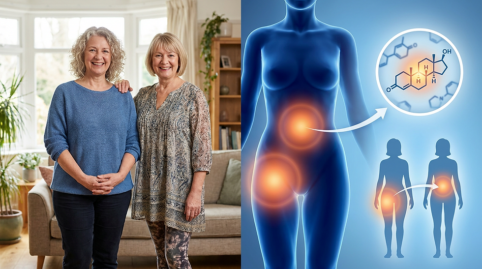 Due donne di 50 anni con corporatura a pera e a mela, con illustrazione dello spostamento del grasso dai fianchi alla pancia in menopausa
