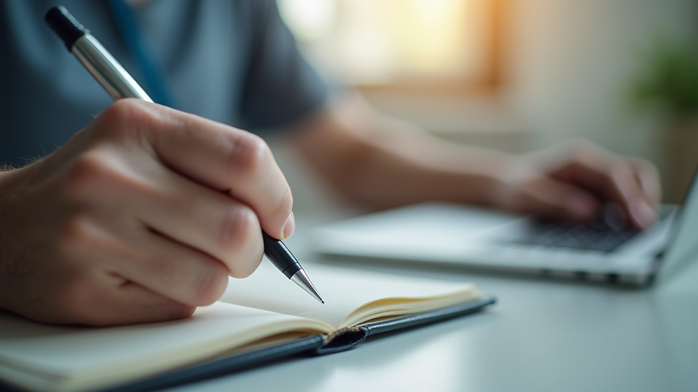 Close-up view of a person writing in a journal during cardiac rehabilitation
