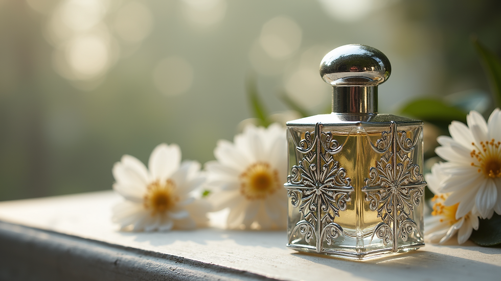 Eye-level view of a silver attar bottle with floral decorations