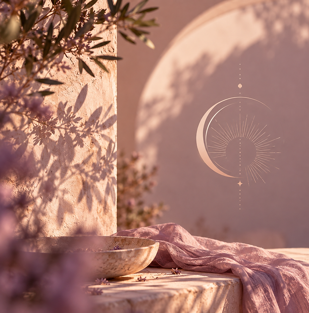 Peaceful, decorative image for Solstice Psychoterapy featuring their logo on a wall, plants, shadows, light, and decorative fabric and a bowl.
