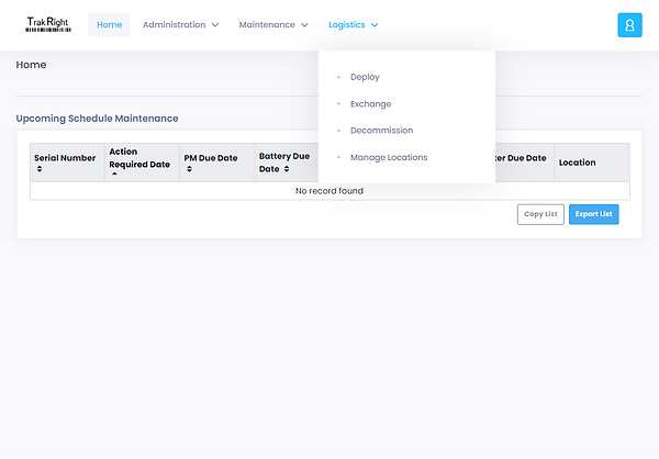 Screenshot of Home Page with Dropdown Menu