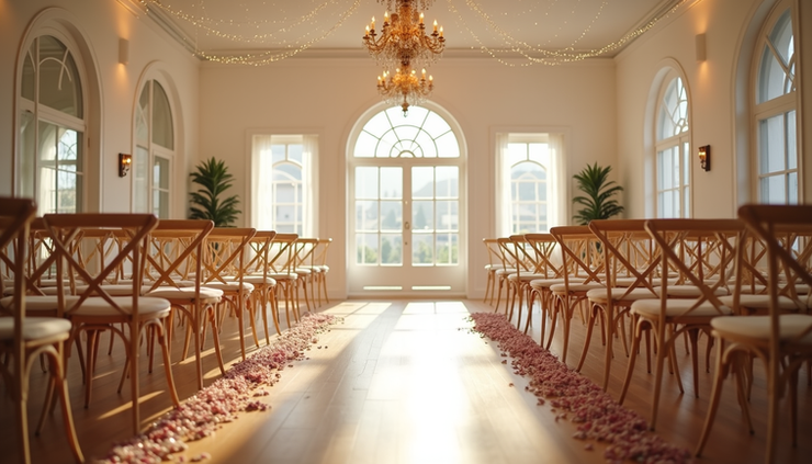 Elegant wedding venue with wooden chairs and pink rose petals lining the aisle. Sunlight streams through arched windows, highlighting the chandelier.
