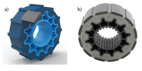 a) Visualization of the magnet carrier consisting of two injection molded components: SMC (dark blue) and PA (light blue), b) Depiction of a single rotor disc with mounted magnets but without fiber bandage